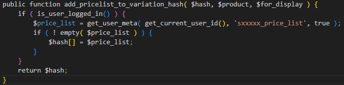 Code: differentiating the price cache by commercial price list for variable products
