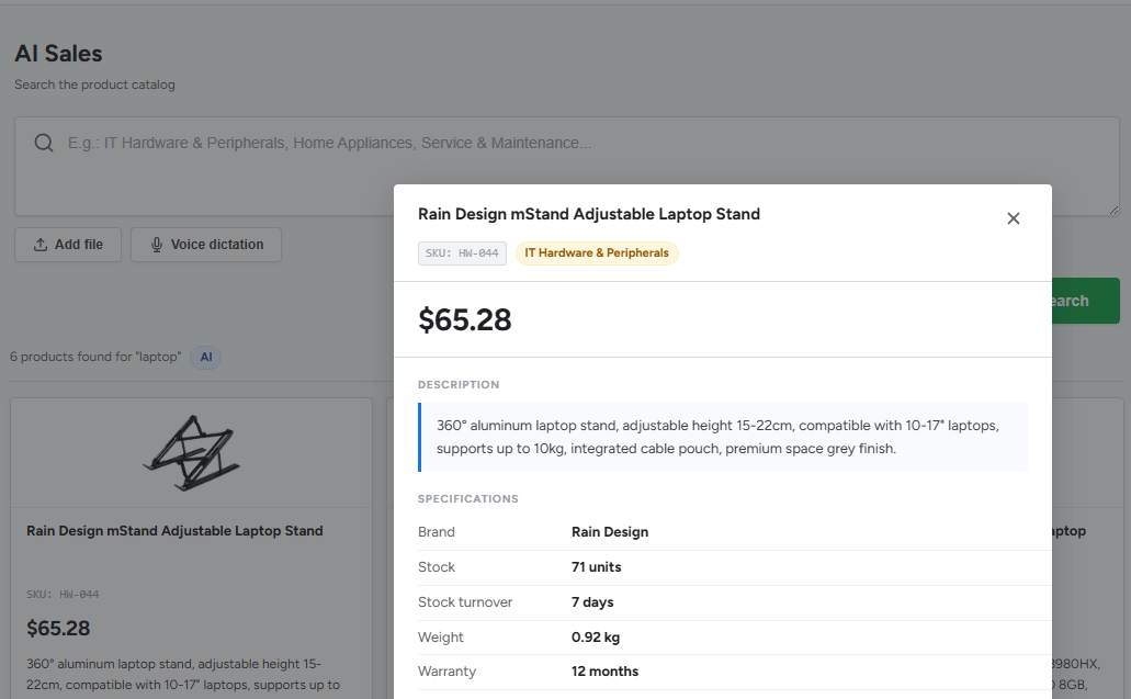 Product detail window in AI Sales
