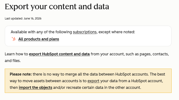 HubSpot export content and data