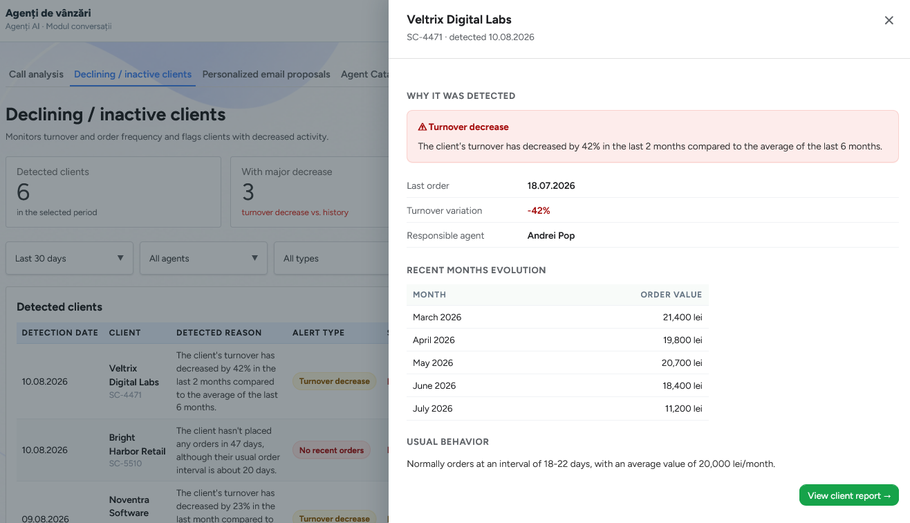 Sales agent: detecting an activity decline and the relevant history