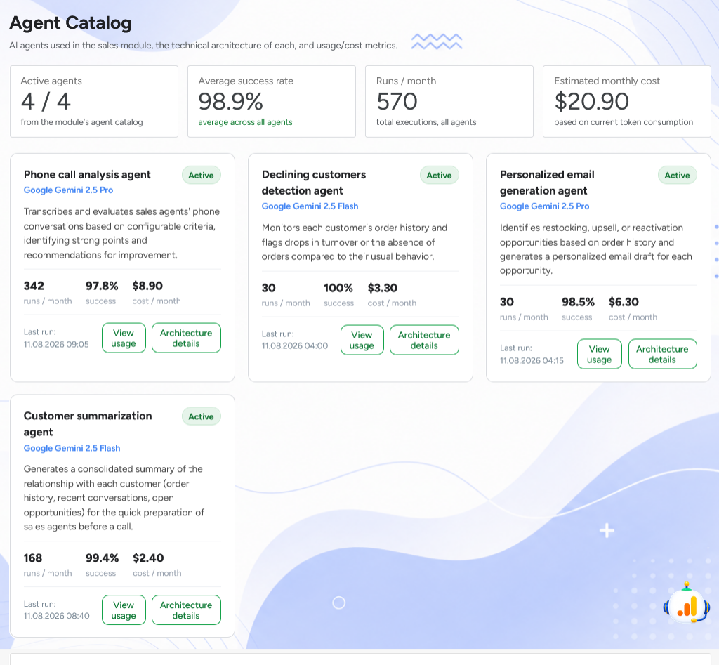 AI Sales 2.0: agents, runs, history, and estimated cost