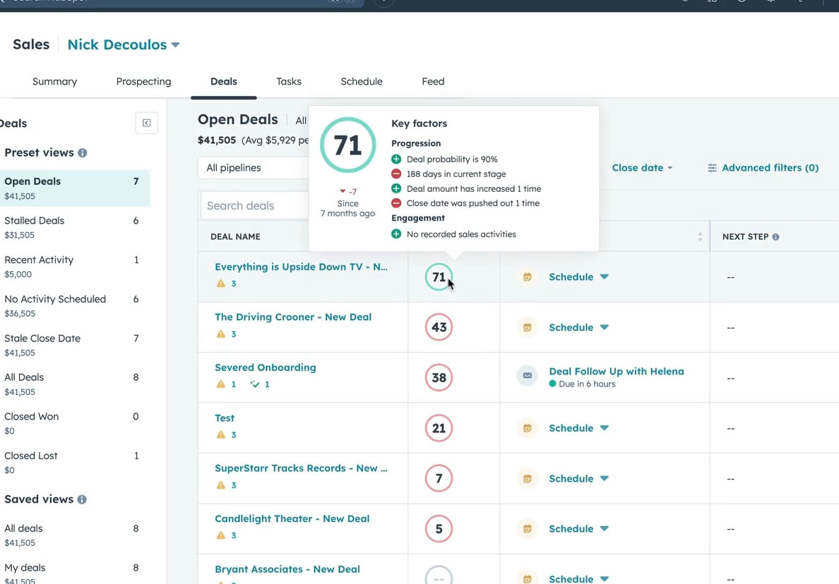 The deal score is calculated criterion by criterion from information available in HubSpot