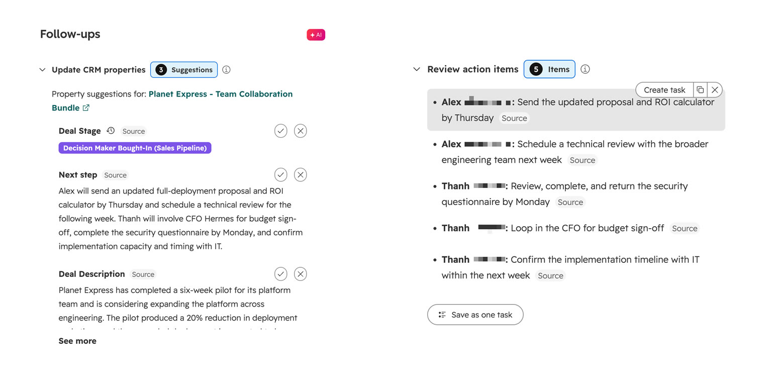 After a meeting, HubSpot suggests CRM changes and actual tasks or emails to send