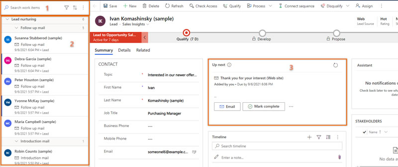 Work lists that centralize the next steps for leads based on sequences in Dynamics 365