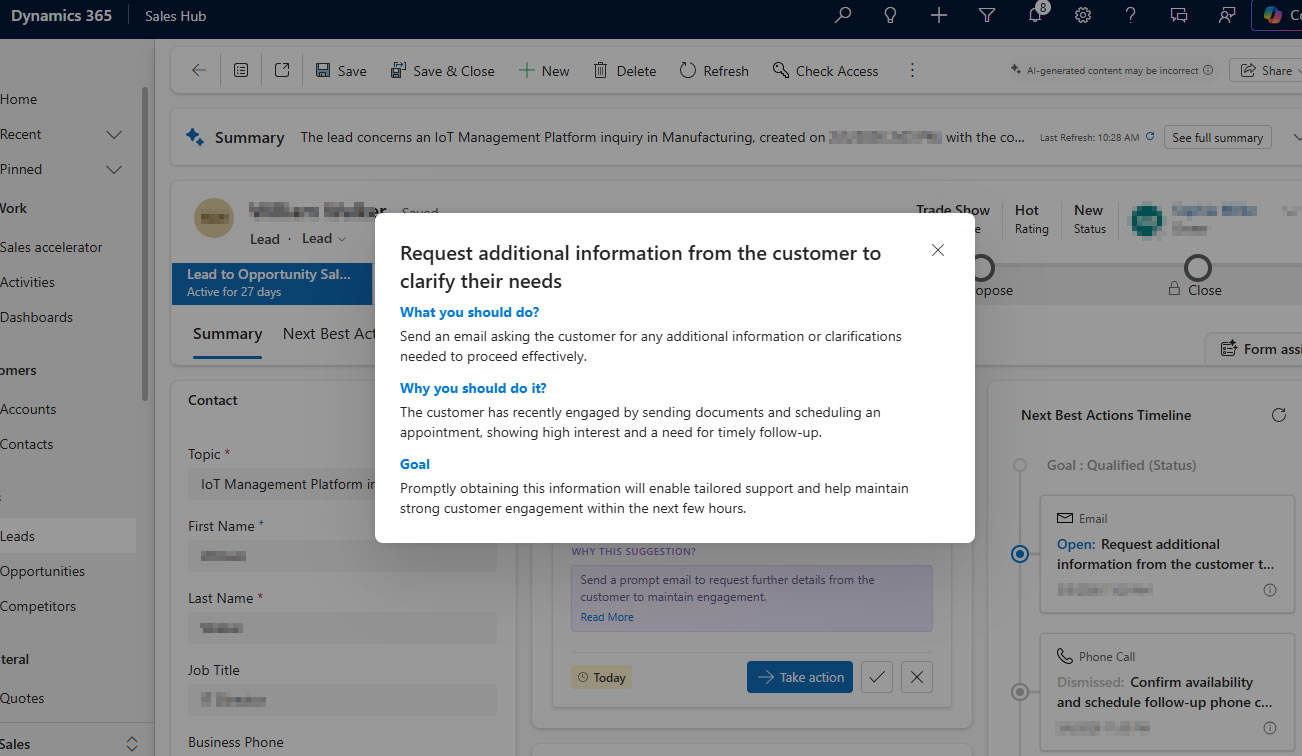 Next Best Action suggested and explained with purpose and cause in the D365 2026 release