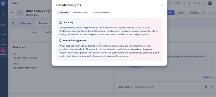 AI-recommended explanations and actions in Zoho NBX