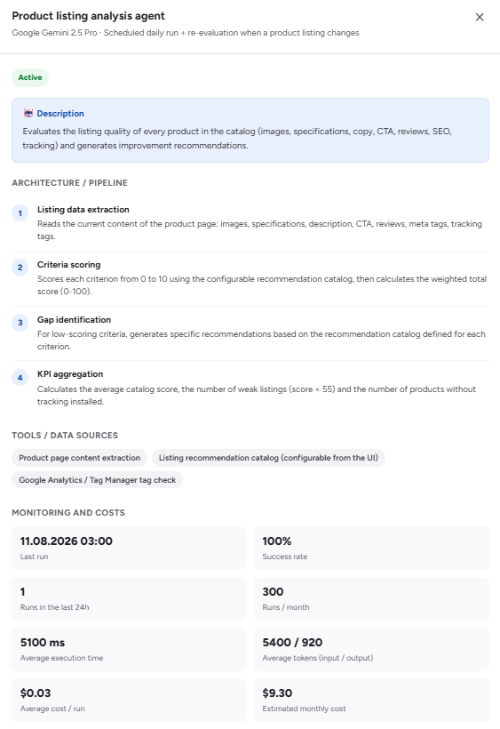 AI Sales 2.0: agent detail - tokens, average time, cost/run, and monthly cost