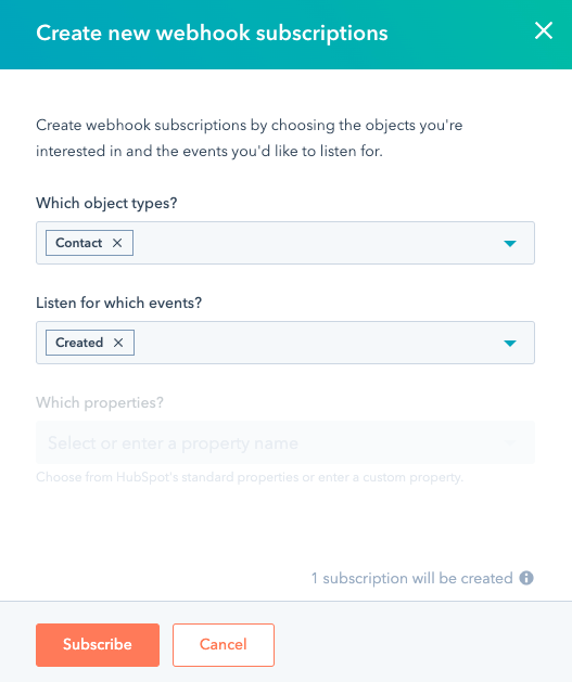Create new subscriptions for webhook in HubSpot