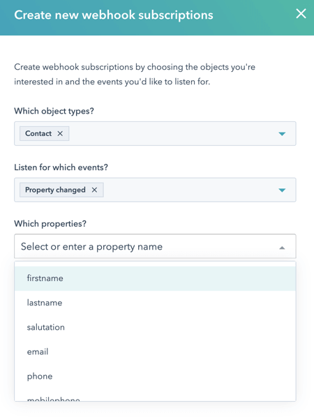 Create new subscriptions for webhook in HubSpot - set objects
