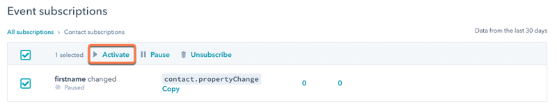 Activate subscriptions for events HubSpot