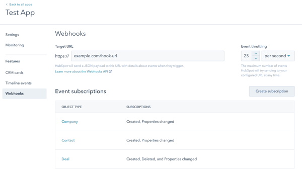 Webhooks for an app in HubSpot